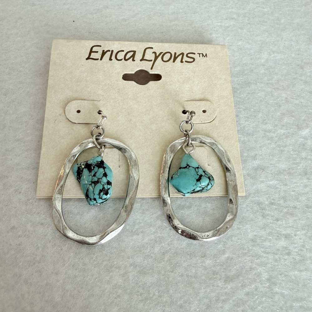 Erica Lyons Hammered Silver‎ Tone Oval Drop Earrings Faux Turquoise NEW